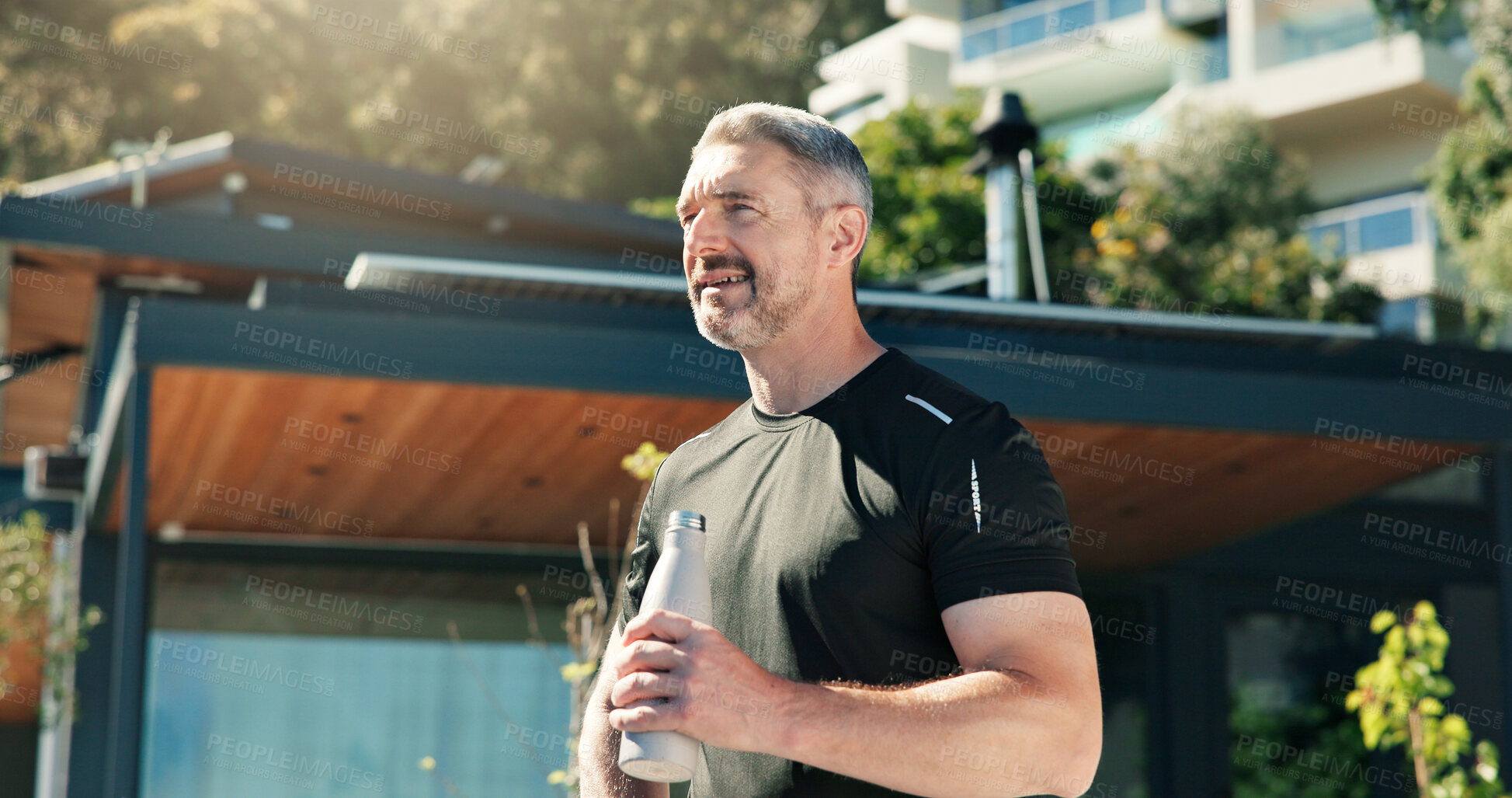 Buy stock photo Fitness, thinking and water with man outdoor for cardio, sports or training routine as runner. Drink, exercise and vision with mature person in neighborhood for recovery, rest or workout activity