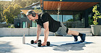 Bodybuilder, man and outdoor with dumbbells for push up, muscle development and health. Headphones, fitness and mature person with weights for exercise by home for endurance, challenge and workout