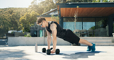 Buy stock photo Athlete, man and outdoor with dumbbells for workout, muscle development and health. Sunglasses, fitness and bodybuilder person with weights for exercise by home for push up, challenge and training