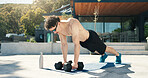 Athlete, man and outdoor with dumbbells for fitness, muscle development and health. Sunglasses, workout and bodybuilder person with weights for exercise by home for push up, challenge and training