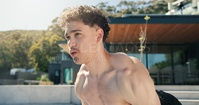 Buy stock photo Athlete, man and breathing with push up in backyard for fitness, bicep exercise and body balance. Male person, thinking and bodybuilder with plank, strength training and power workout in home outdoor