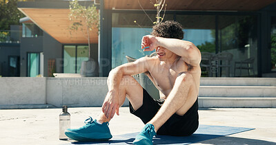 Buy stock photo Fitness, tired or man on porch with mat, cardio rest or break in intense practice. Exercise, exhausted or male person at home with fatigue, ambition and workout recovery in performance goal.