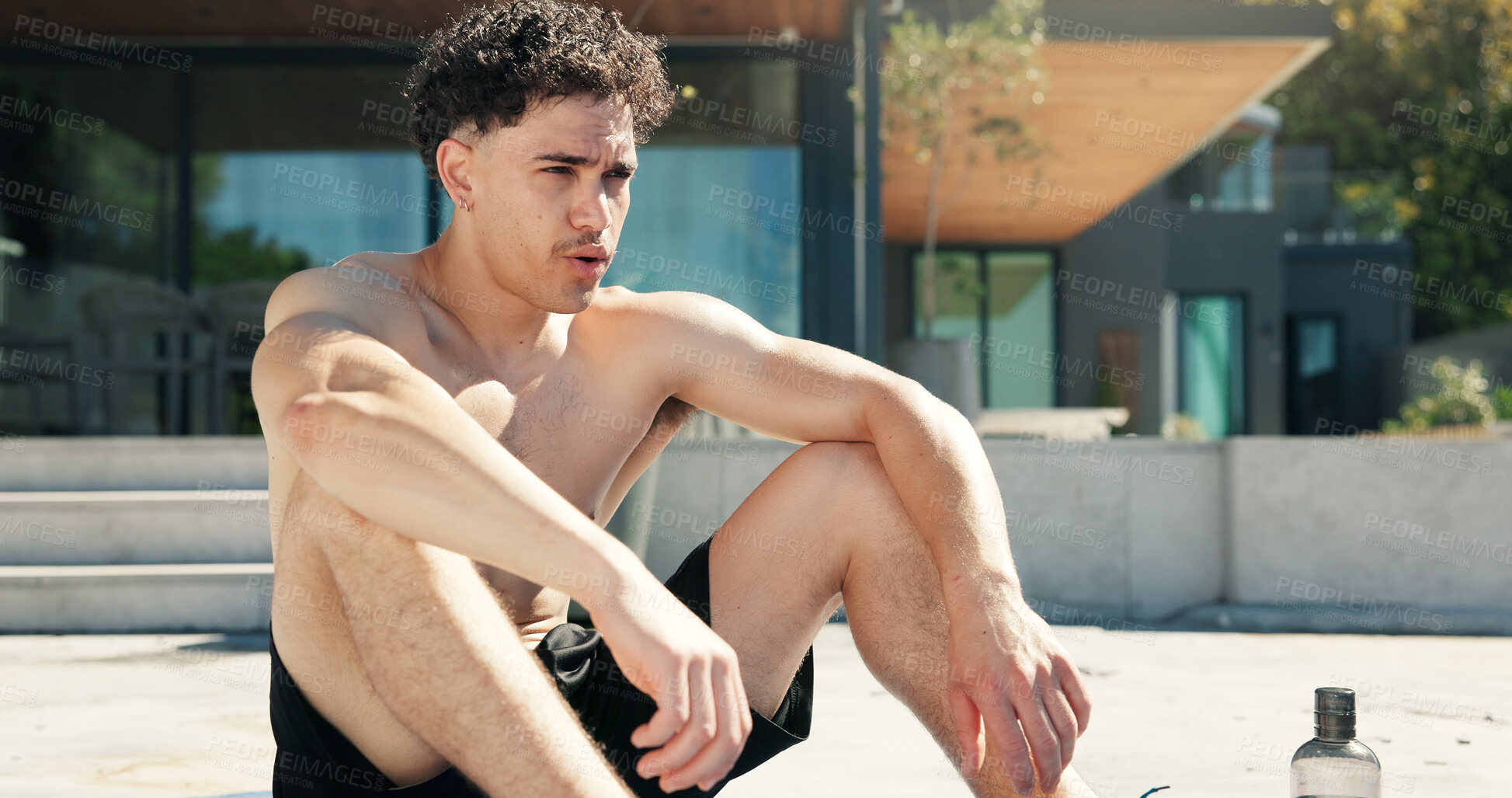 Buy stock photo Man, breathing and tired with exercise in backyard with break, relax and perspective for wellness. Person, rest and exhausted with fitness, reflection and shirtless for vitamin d benefits on ground