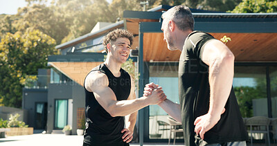 Buy stock photo Fitness, personal trainer and man with handshake outdoor for workout support, progress or thank you. House, coach and client shaking hands in backyard for exercise success, health goals and teamwork