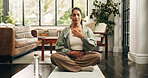 Yoga, woman and breathing in living room with meditation, chakra healing and peace for wellness. Zen, mature person and mindfulness in home with breathwork, spiritual awareness and holistic health.
