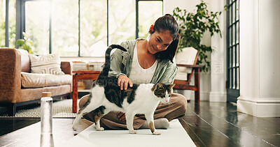 Buy stock photo Yoga, happy woman and stroke cat in home for care, love and bonding with companion on fitness break. Lounge, yogi and pet kitty on mat for support with loyalty, connection and post exercise on floor