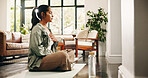 Woman, meditation and breathing in home with yoga mat, chakra healing and spirituality for wellness. Flare, mature person and mindfulness in lounge with breathwork exercise, peace or holistic health.