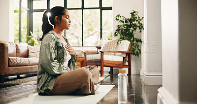 Buy stock photo Woman, meditation and breathing in home with yoga mat, chakra healing and spirituality for wellness. Flare, mature person and mindfulness in lounge with breathwork exercise, peace or holistic health.