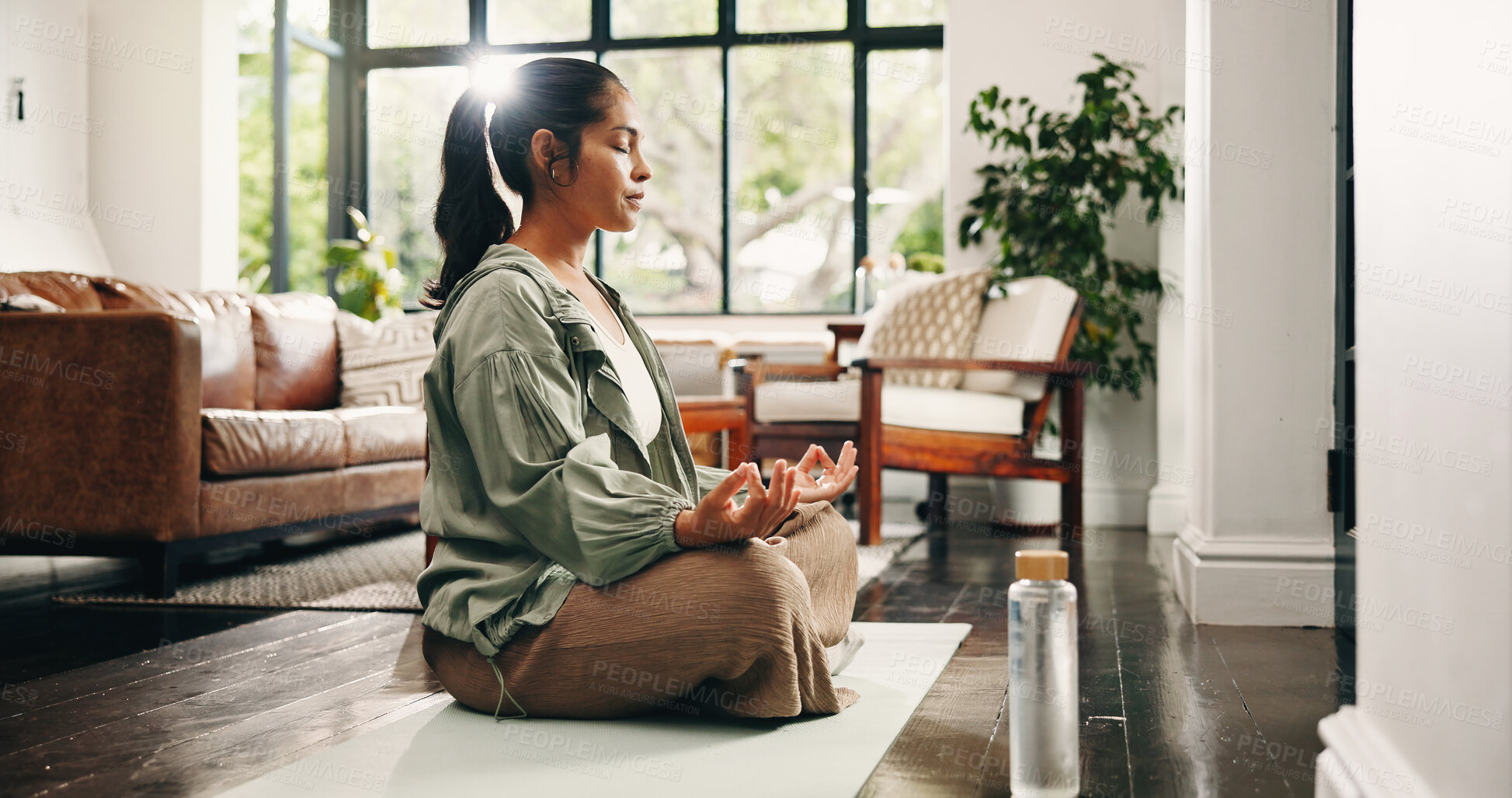 Buy stock photo Yoga, mudra or woman in house with meditation, calm practice or mindfulness in wellness activity. Inner peace, flare or person in home with lotus, zen or mindset improvement for holistic health.