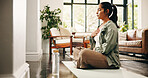 Woman, meditation and breathing in house with yoga mat, chakra healing and spirituality for wellness. Zen, mature person and mindfulness in lounge with breathwork exercise, peace and holistic health.