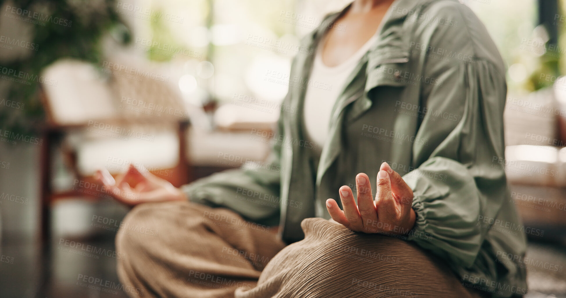 Buy stock photo Yoga, mudra or hands in living room with meditation, calm practice or mindfulness in wellness activity. Inner peace, bokeh or woman in house with lotus, zen or mindset improvement for holistic health