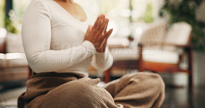 Buy stock photo Yoga, namasta or hands in house with meditation, calm practice or mindfulness in wellness activity. Inner peace, bokeh or woman in home with lotus, zen or mindset improvement for holistic health.