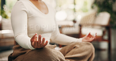 Buy stock photo Yoga, mudra or hands in lounge with meditation, calm practice or mindfulness in wellness activity. Inner peace, bokeh or woman in house with lotus, zen or mindset improvement for holistic health.