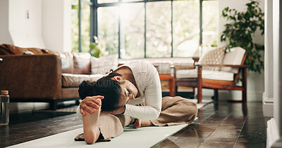 Buy stock photo Woman, fitness and stretching in living room with yoga preparation, wellness and holistic health. Active, mature person and warm up in home with exercise start, begin and getting ready for pilates.