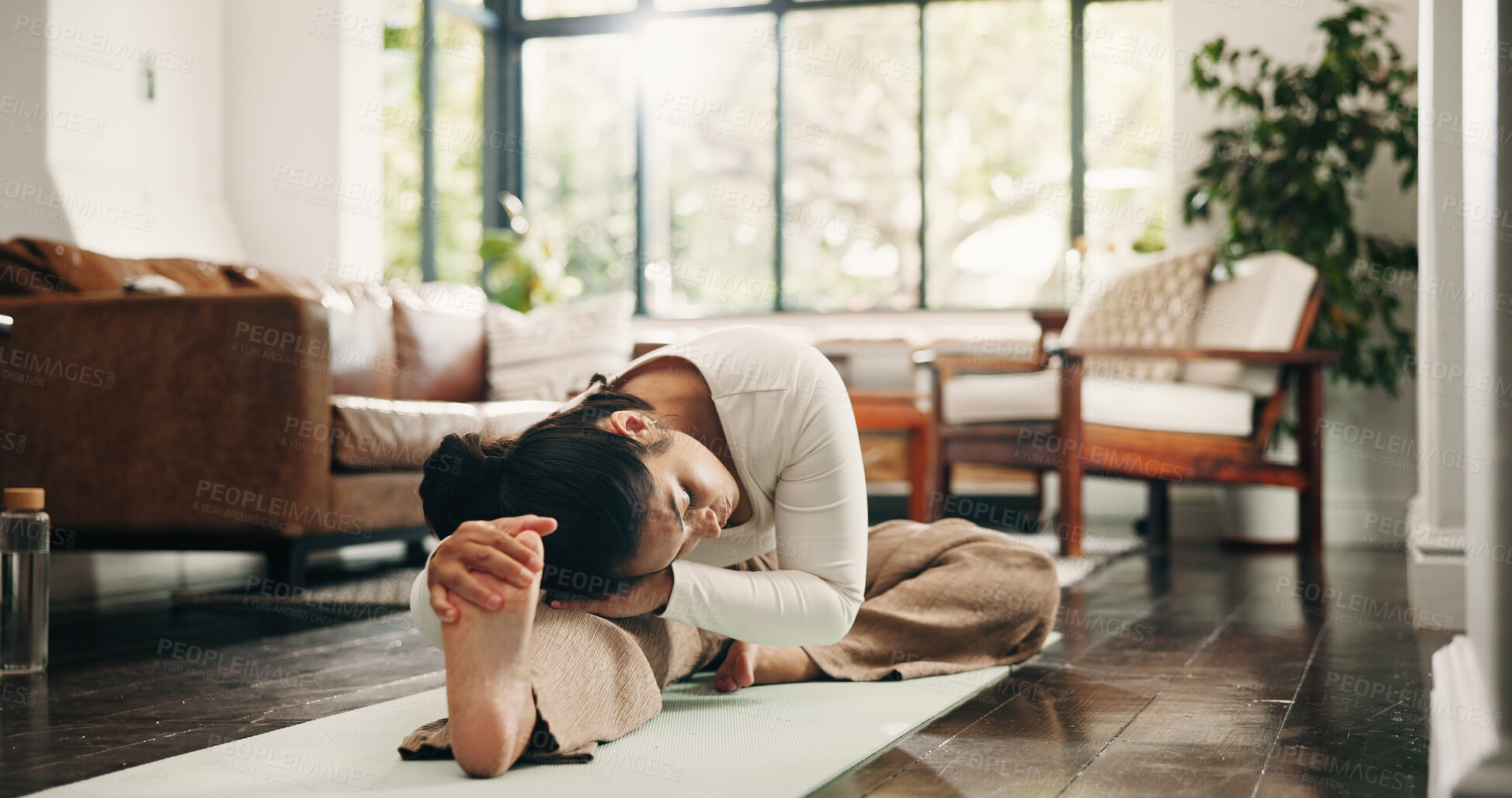 Buy stock photo Woman, fitness and stretching in living room with yoga preparation, wellness and holistic health. Active, mature person and warm up in home with exercise start, begin and getting ready for pilates.