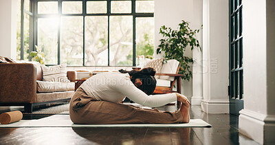 Buy stock photo Yoga, stretching or woman with mat in home, morning practice or flexibility routine for body awareness. Holistic exercise, pilates or person with forward bend in lounge, fitness or wellness activity