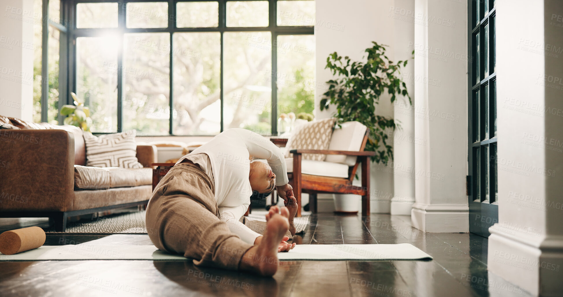 Buy stock photo Woman, fitness and stretching in apartment with yoga preparation, wellness and holistic health. Active, mature person and warm up in home with exercise start, beginning and getting ready for pilates.