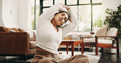 Buy stock photo Fitness, stretching and woman with yoga in home, morning practice or warm up exercise for wellness. Holistic routine, active or mature person with mobility activity in lounge, getting ready or health