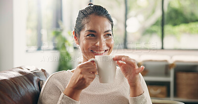 Buy stock photo Happy, woman and thinking with coffee on couch, home and decision with caffeine, resting or remember. Morning, reflection and person with hot beverage on break, thoughtful and smile with tea in house