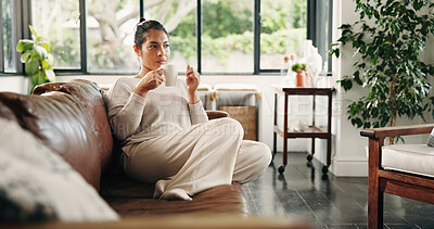 Buy stock photo Serious, woman and thinking with coffee, lounge and planning for decision with caffeine or remember. Morning, reflection and mature person with hot beverage on break, thoughtful and wonder with tea