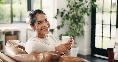 Buy stock photo Coffee, happy and portrait of woman on sofa with drink for wellness, calm and relax in living room. Smile, home and mature person with beverage on couch for peaceful, me time and break on weekend