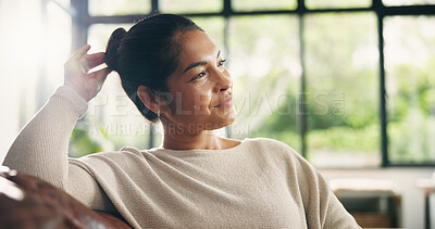 Buy stock photo Couch, thinking and woman in home with smile for inspiration, break or resting in lounge. Daydreaming, calm and mature person in living room for reflection, relax and contemplating on sofa in house