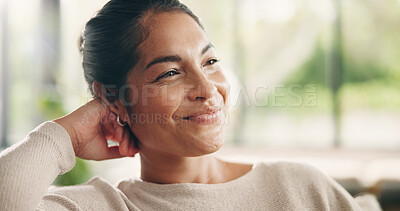 Buy stock photo Sofa, thinking and woman in home with relax for inspiration, break or resting in lounge. Daydreaming, calm and female person in living room for reflection, smile and contemplating on couch in house