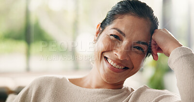 Buy stock photo Happy, woman and break in home with portrait, comfortable and couch for chill and laugh in lounge. Mature person, relax and smile for me time on sofa with confidence, stress free and lazy weekend
