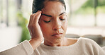 Stress, woman and headache on sofa in home with discomfort, temple pressure or mental fatigue. Massage, mature person or migraine in house with burnout, brain fog or overwhelmed by uncomfortable ache