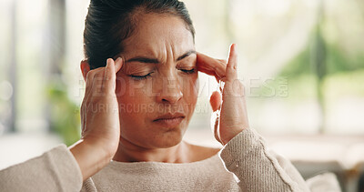 Buy stock photo Pain, woman and headache on sofa in home with discomfort, temple pressure or mental fatigue. Massage, mature person and migraine in house with stress, brain fog and overwhelmed by uncomfortable ache