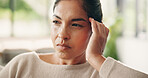 Stress, woman and thinking with headache in home for discomfort, temple pressure or vertigo. Thoughtful, mature person or migraine in house with burnout, tension and overwhelmed by uncomfortable ache