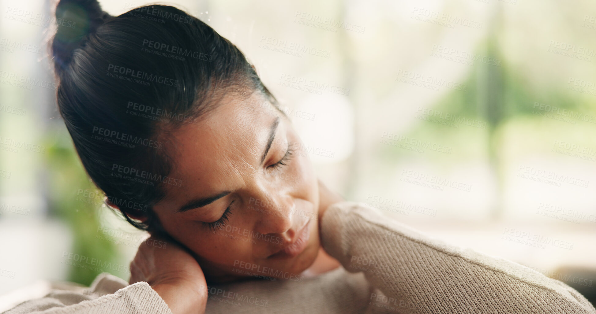 Buy stock photo Stress, woman and massage neck pain in home for muscle cramp, stiffness and pinched nerve. Discomfort, mature person or stretching to relieve joint ache, shoulder inflammation or poor posture on sofa