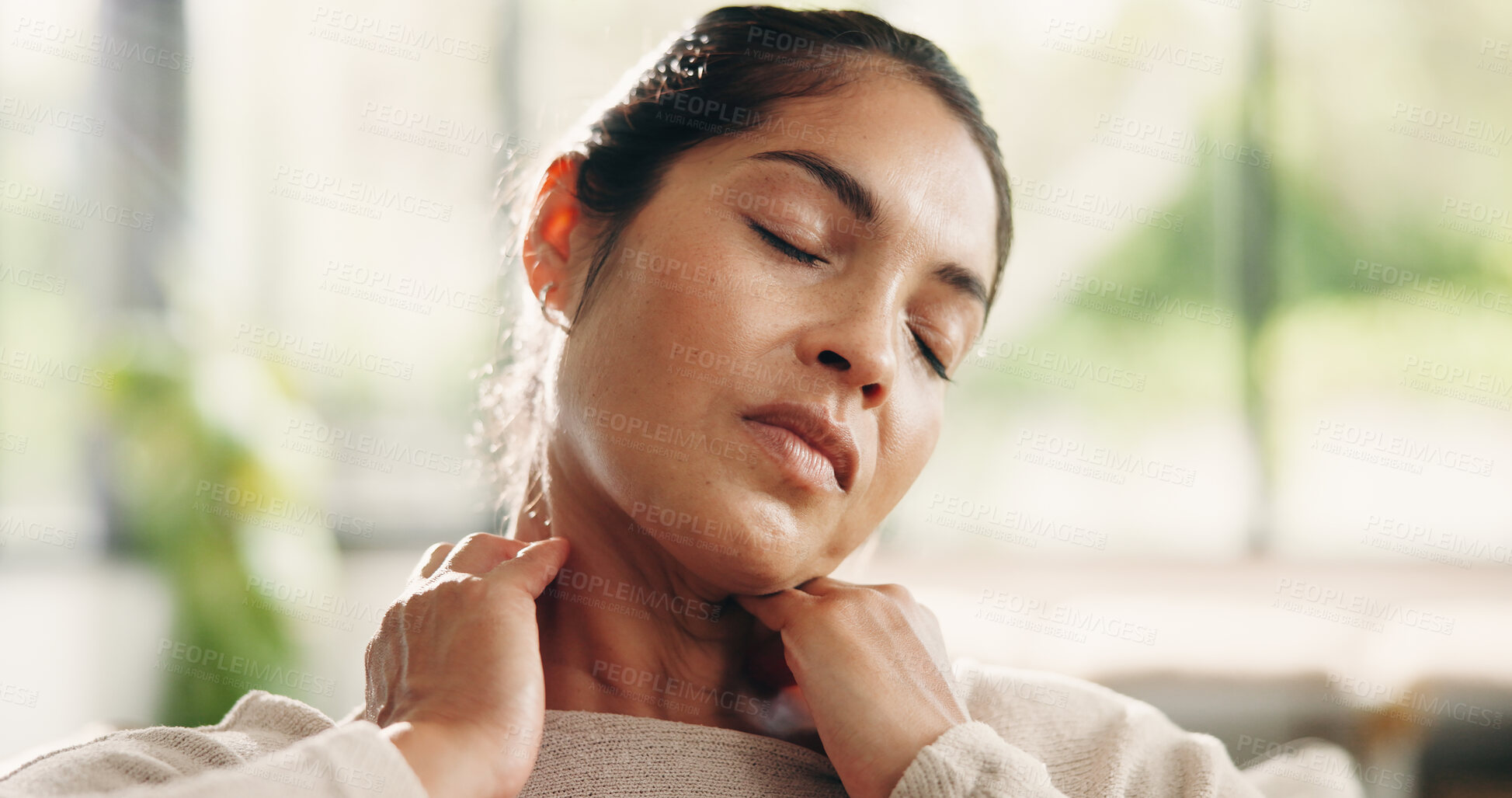 Buy stock photo Stress, woman and massage neck pain on sofa for muscle cramp, stiffness and pinched nerve. Discomfort, mature person or stretching to relieve joint ache, shoulder inflammation or poor posture in home