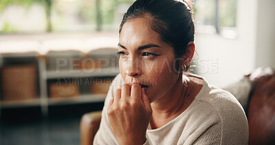 Buy stock photo Thinking, biting nails and woman on sofa with anxiety for future, decision and nervous for mistake. Living room, home and person with anxious gesture for reflection, memory or worry for mental health