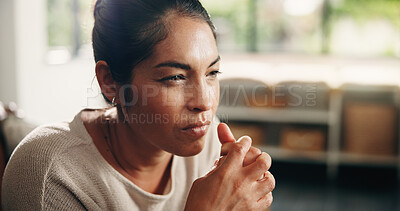 Buy stock photo Couch, reflection and woman in home with idea for inspiration, break or resting in lounge. Daydreaming, calm and female person in living room for thinking, relax and contemplating on sofa in house