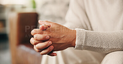 Buy stock photo Person, hands and waiting with hope for anxiety, nevous behaviour or anticipation in home. Closeup, fingers and stress with self control or loss for patience, grief or mental health on sofa in house