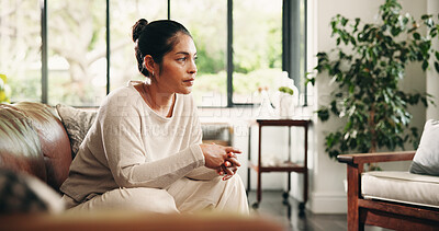 Buy stock photo Couch, thinking and woman in home with relax for inspiration, break or resting in lounge. Daydreaming, calm and female person in living room for reflection, idea and contemplating on sofa in house