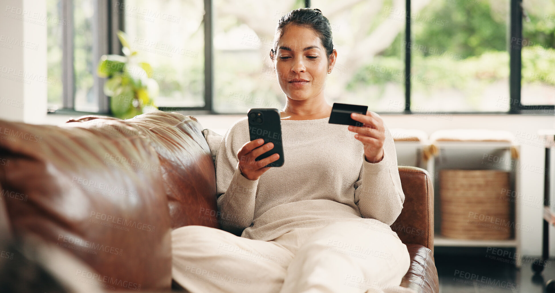 Buy stock photo Happy woman, phone or relax with credit card on sofa for online shopping, banking or payment in home. Mature person, shopper or user with debit or mobile smartphone for ecommerce, order or purchase