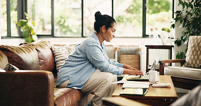 Buy stock photo Finance, laptop and woman on sofa with paperwork for budget review, online banking and payment. Writing, computer and person with documents for planning expenses, income and financial report in home