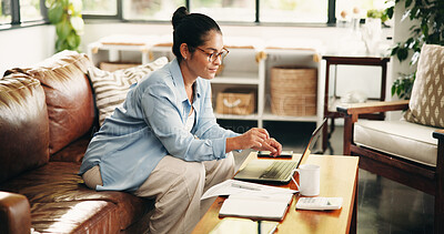 Buy stock photo Budget, laptop and woman on sofa with documents for finance review, online banking and payment. Writing, computer and person with paperwork for planning expenses, income and financial report in home