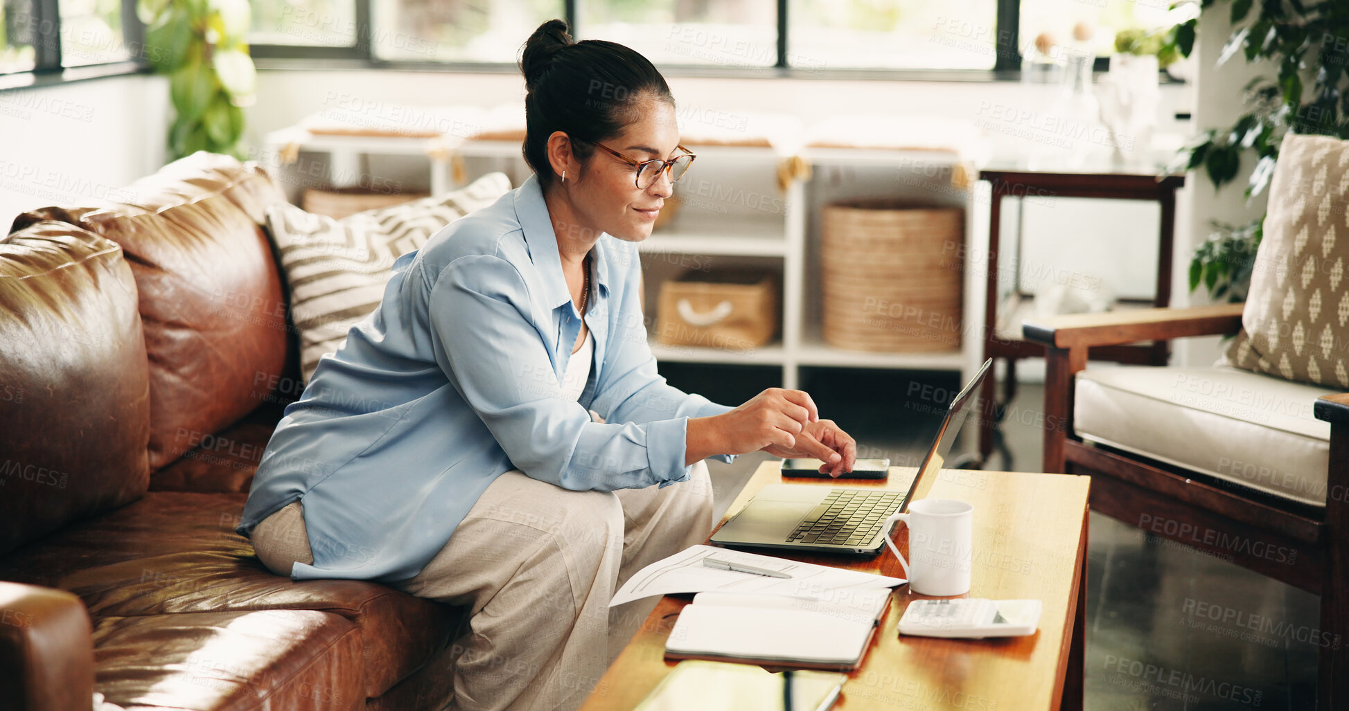 Buy stock photo Budget, laptop and woman on sofa with documents for finance review, online banking and payment. Writing, computer and person with paperwork for planning expenses, income and financial report in home