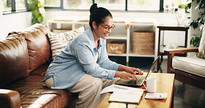 Buy stock photo Budget, laptop and woman in home with paperwork for finance review, online banking and payment. Writing, computer and person with documents for planning expenses, income and financial report on sofa