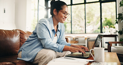 Buy stock photo Remote work, laptop and woman on sofa for editing report, article review and online submission. Freelancer, home and person on computer for story research, proofreading and planning for copywriting