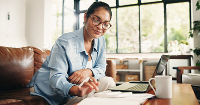 Buy stock photo Woman, finance or calculator with laptop in home for budget planning, bills or expenses. Female person, accounting or checklist with documents on sofa for financial audit or asset management in house