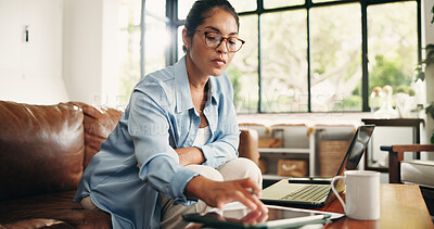 Buy stock photo Remote work, tablet and woman on sofa for editing report, article review and online submission. Freelancer, home and person on tech for story research, proofreading and planning for copywriting