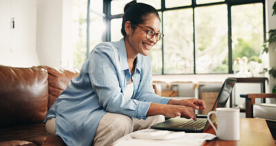 Buy stock photo Happy woman, finance or documents with laptop in home for budget planning, bills or expenses. Female person, accounting or smile with papers on sofa for financial audit or asset management in house