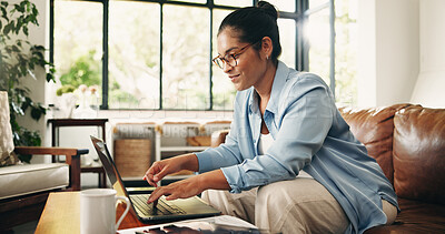 Buy stock photo Remote work, copywriting and woman on laptop in home for editing report, article review and submission. Freelancer, sofa and person on computer for story research, proofreading and creative project