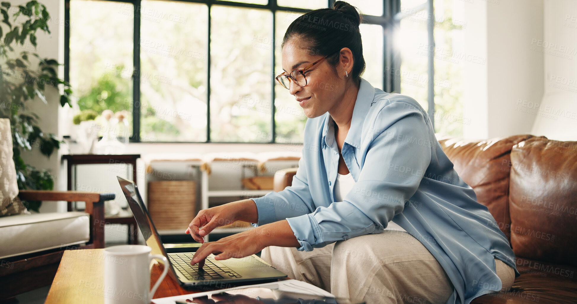 Buy stock photo Remote work, copywriting and woman on laptop in home for editing report, article review and submission. Freelancer, sofa and person on computer for story research, proofreading and creative project