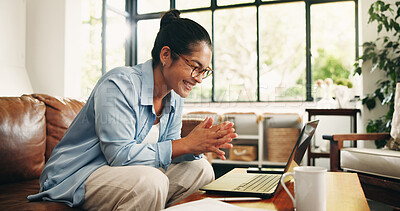 Buy stock photo Remote work, laptop and happy woman on sofa for editing report, article review and submission. Freelancer, home and person on computer for story research, proofreading and approval for copywriting