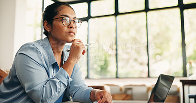 Buy stock photo Remote work, thinking and woman on sofa for editing report, article review and online submission. Freelancer, home and person on computer for story research, inspiration and planning for copywriting
